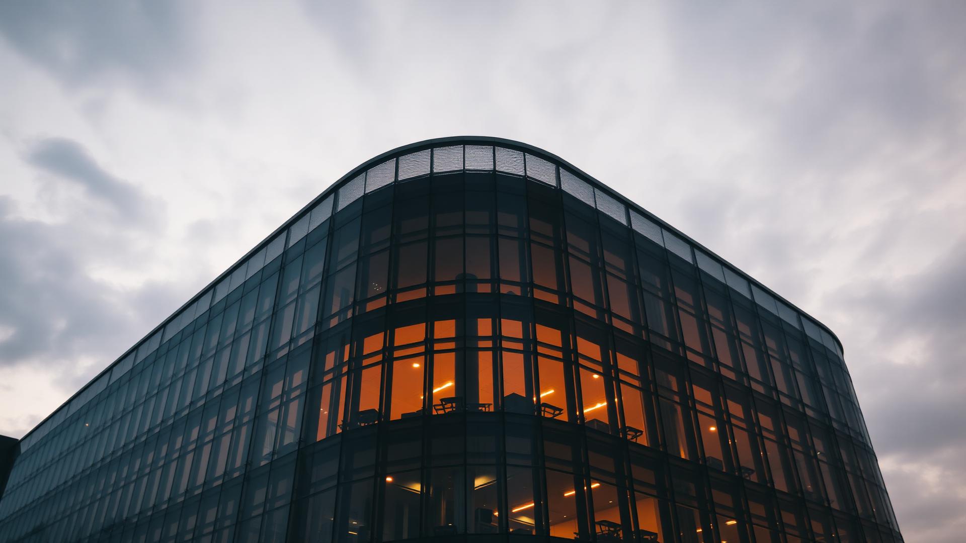 Modern glass office building lit from within at dusk